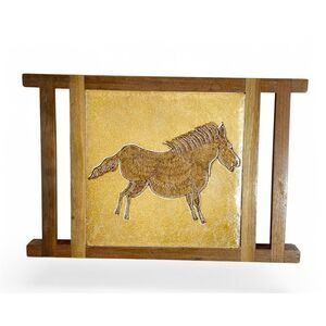 Handcrafted Primitive Horse Terracotta Art Tile Trivet with Wooden Frame 1980